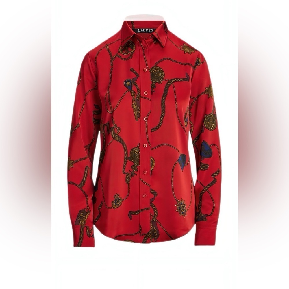 Lauren Ralph Lauren Red Equestrian Chain Print Blouse Size Medium NWOT